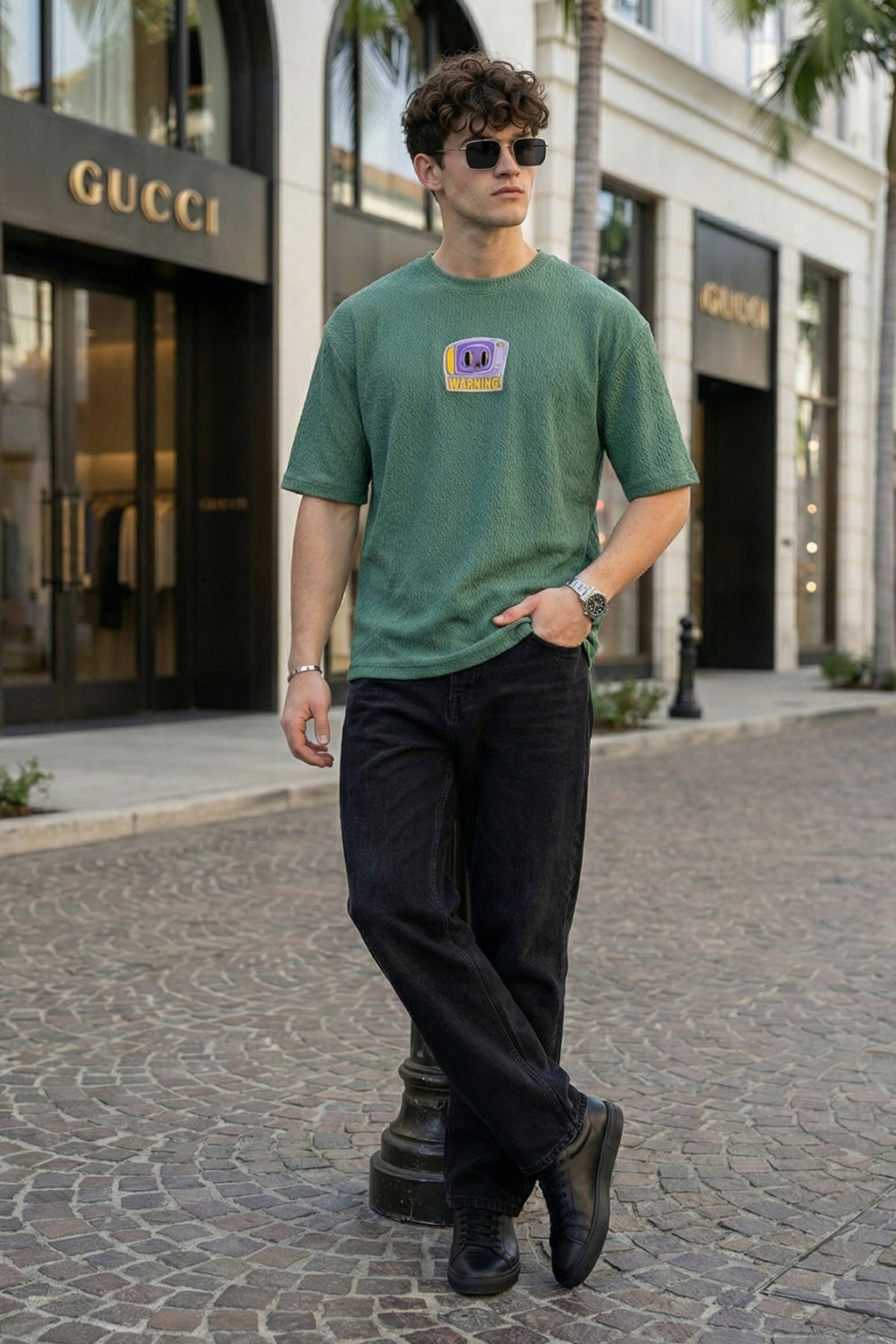 Warning Green Oversized Textured T-shirt