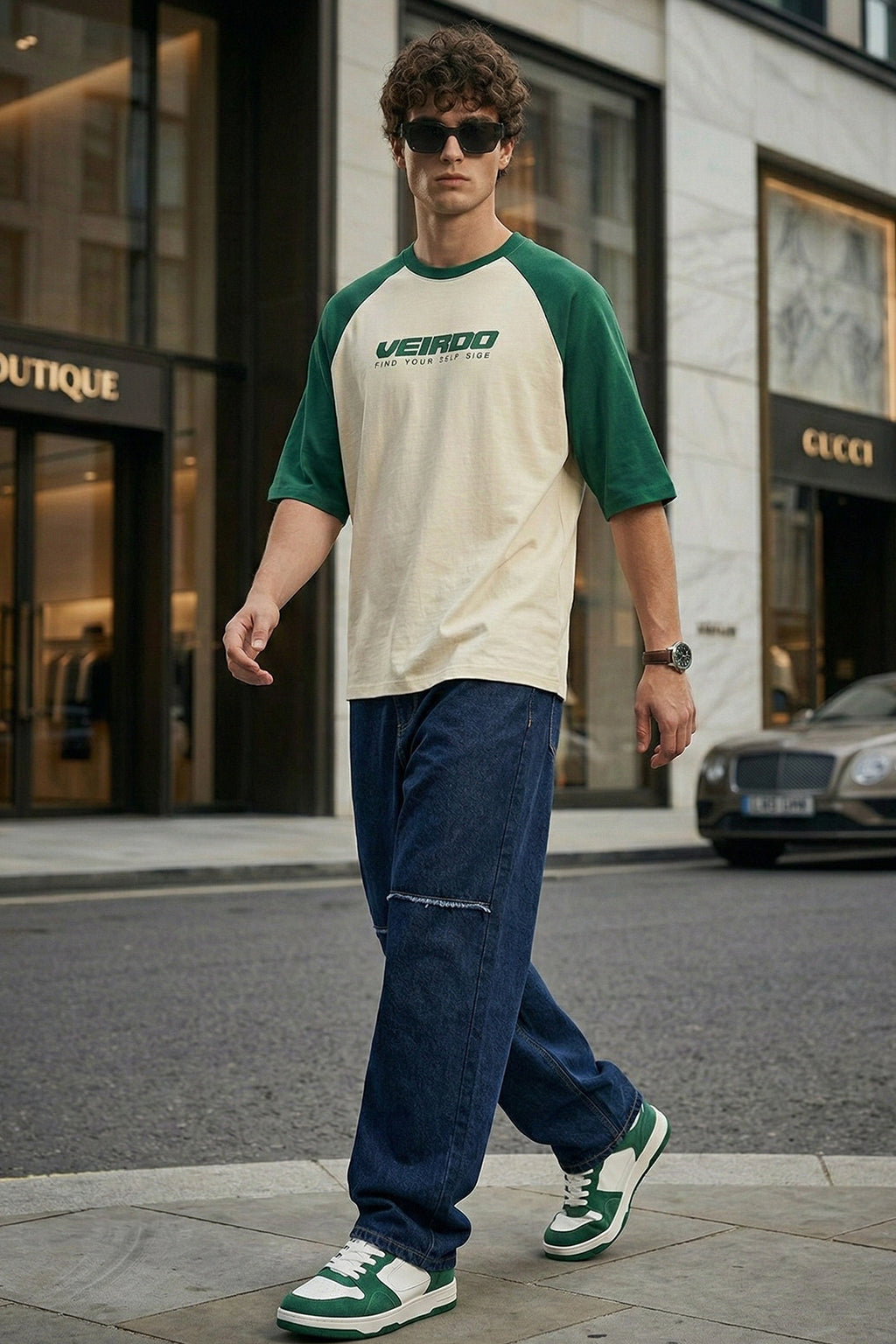 Swanwhite-Bottle Green Raglan Oversized Typography Printed T-shirt