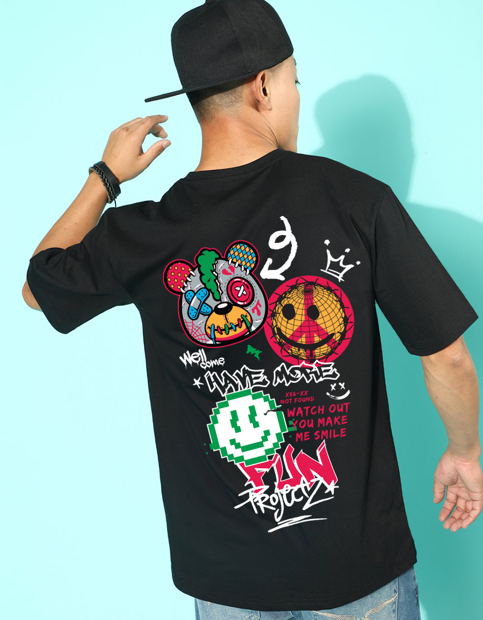 Have More Fun Black Oversized Graphic Printed T-shirt