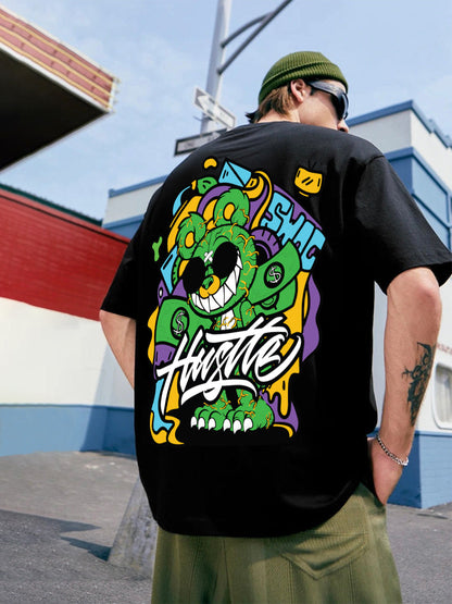 Hustle Black Oversized Back Graphic Printed T-shirt