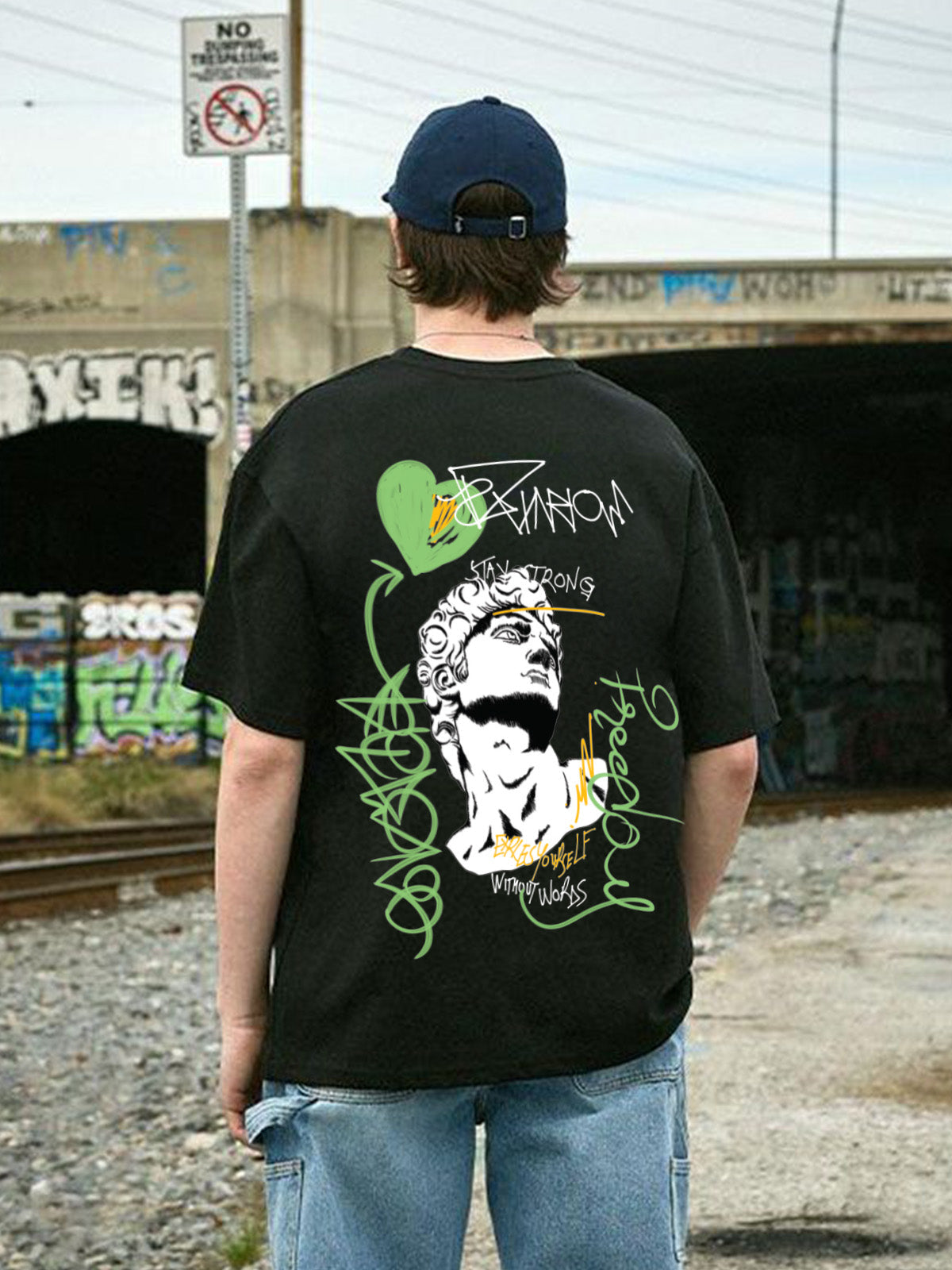 Stay Strong Black Oversized Back Graphic Printed T-shirt