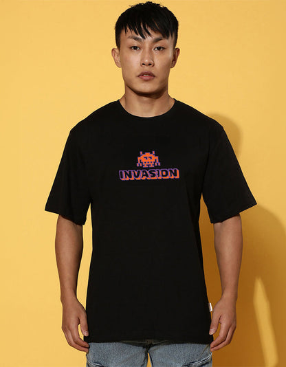 Invasion Black Oversized Graphic Printed T-shirt