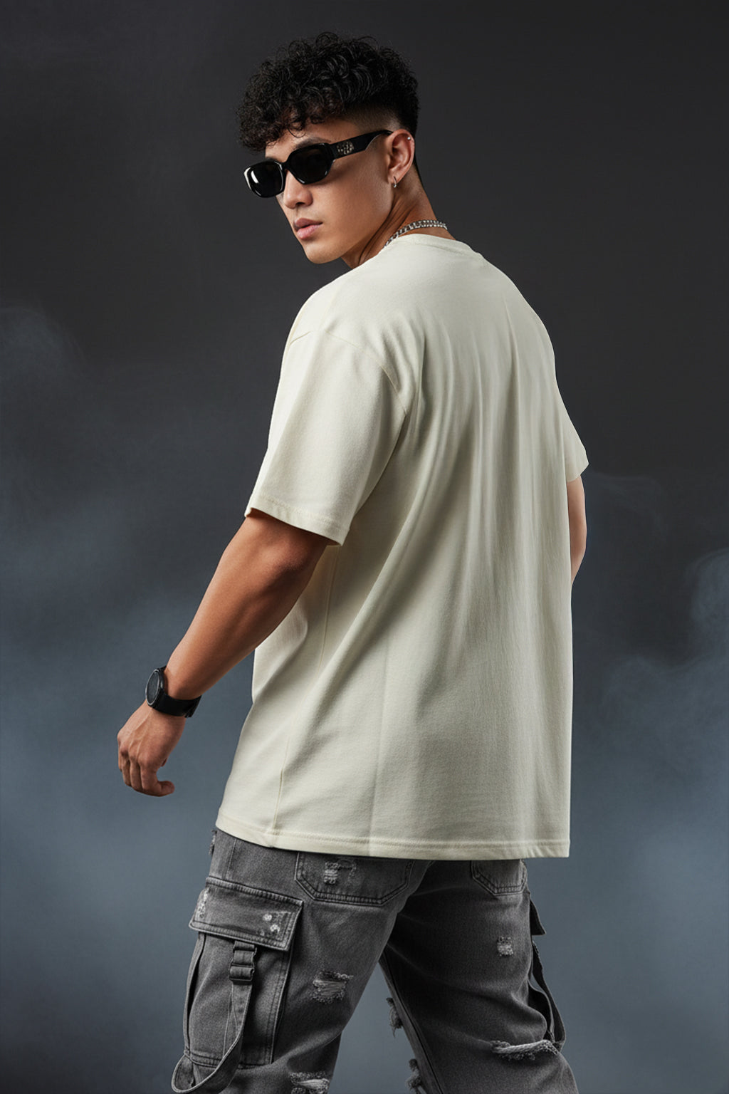 Veirdo Original Beige Oversized Typography Brand Printed  T-shirt