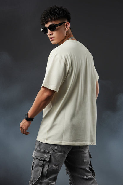 Veirdo Original Beige Oversized Typography Brand Printed  T-shirt