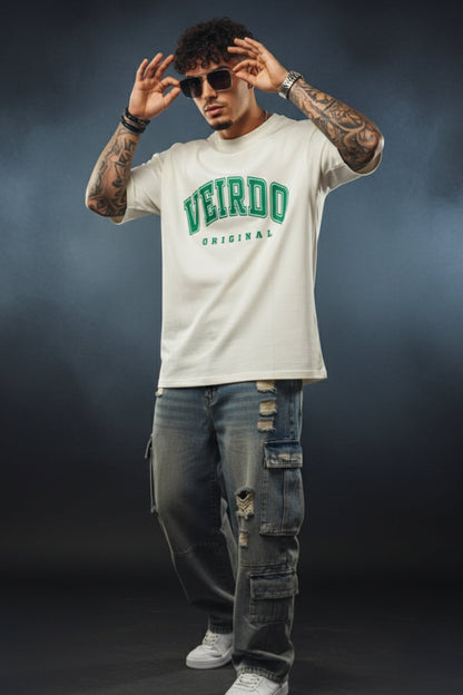 Veirdo Original Beige Oversized Typography Brand Printed  T-shirt