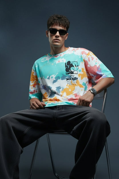 Mickey Loves Music White Oversized Tie-Die Printed T-shirt