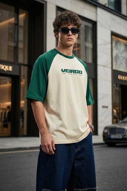 Swanwhite-Bottle Green Raglan Oversized Typography Printed T-shirt