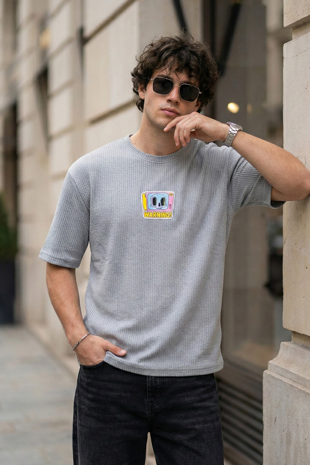 Warning Grey Oversized Textured T-shirt