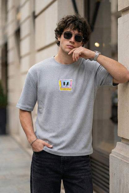 Warning Grey Oversized Textured T-shirt
