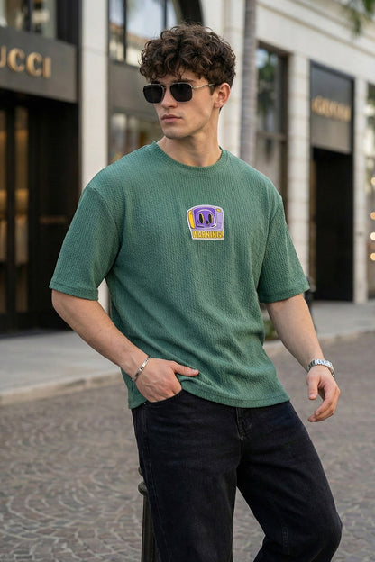 Warning Green Oversized Textured T-shirt