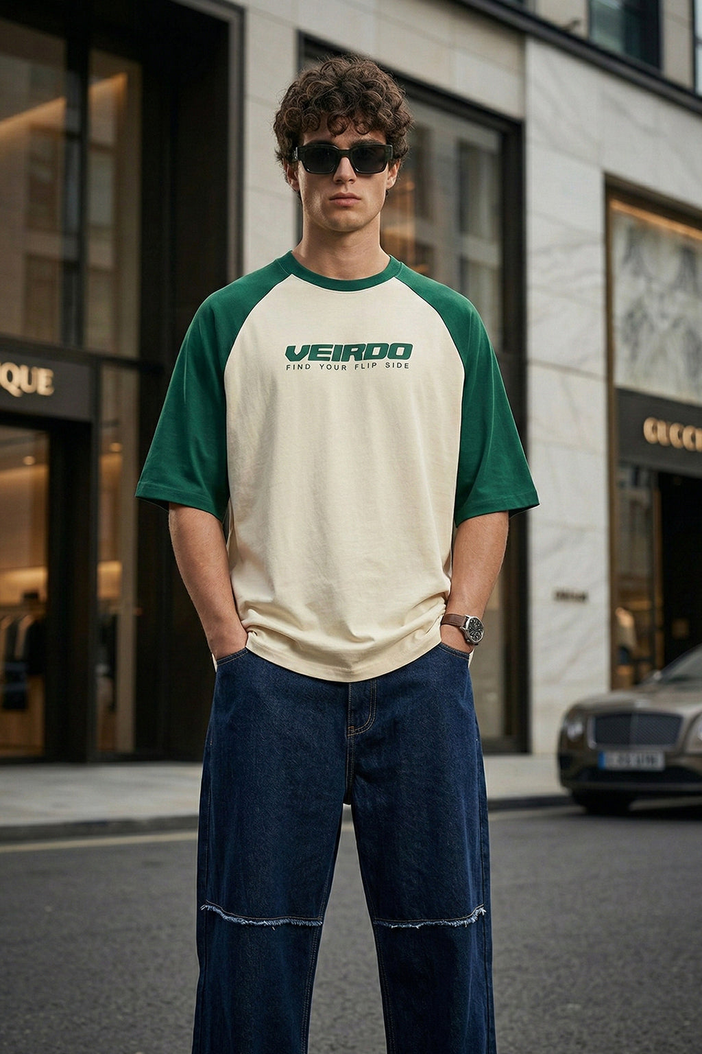 Swanwhite-Bottle Green Raglan Oversized Typography Printed T-shirt