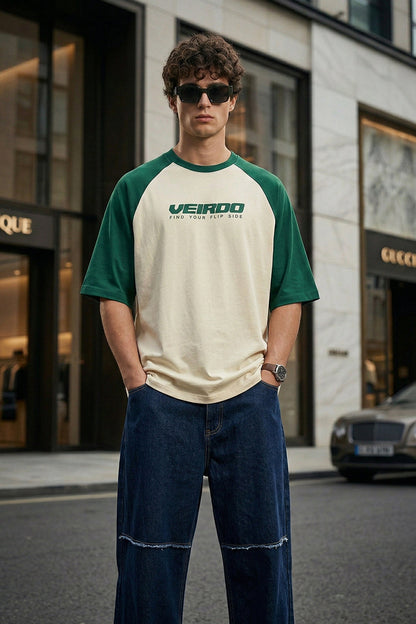 Swanwhite-Bottle Green Raglan Oversized Typography Printed T-shirt