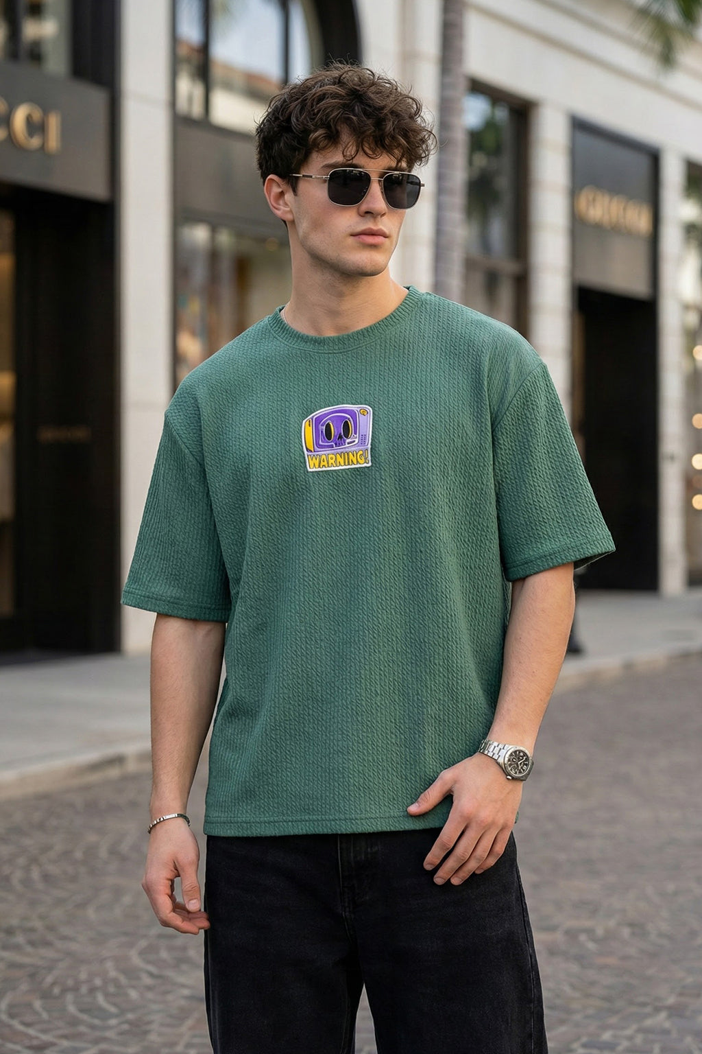 Warning Green Oversized Textured T-shirt