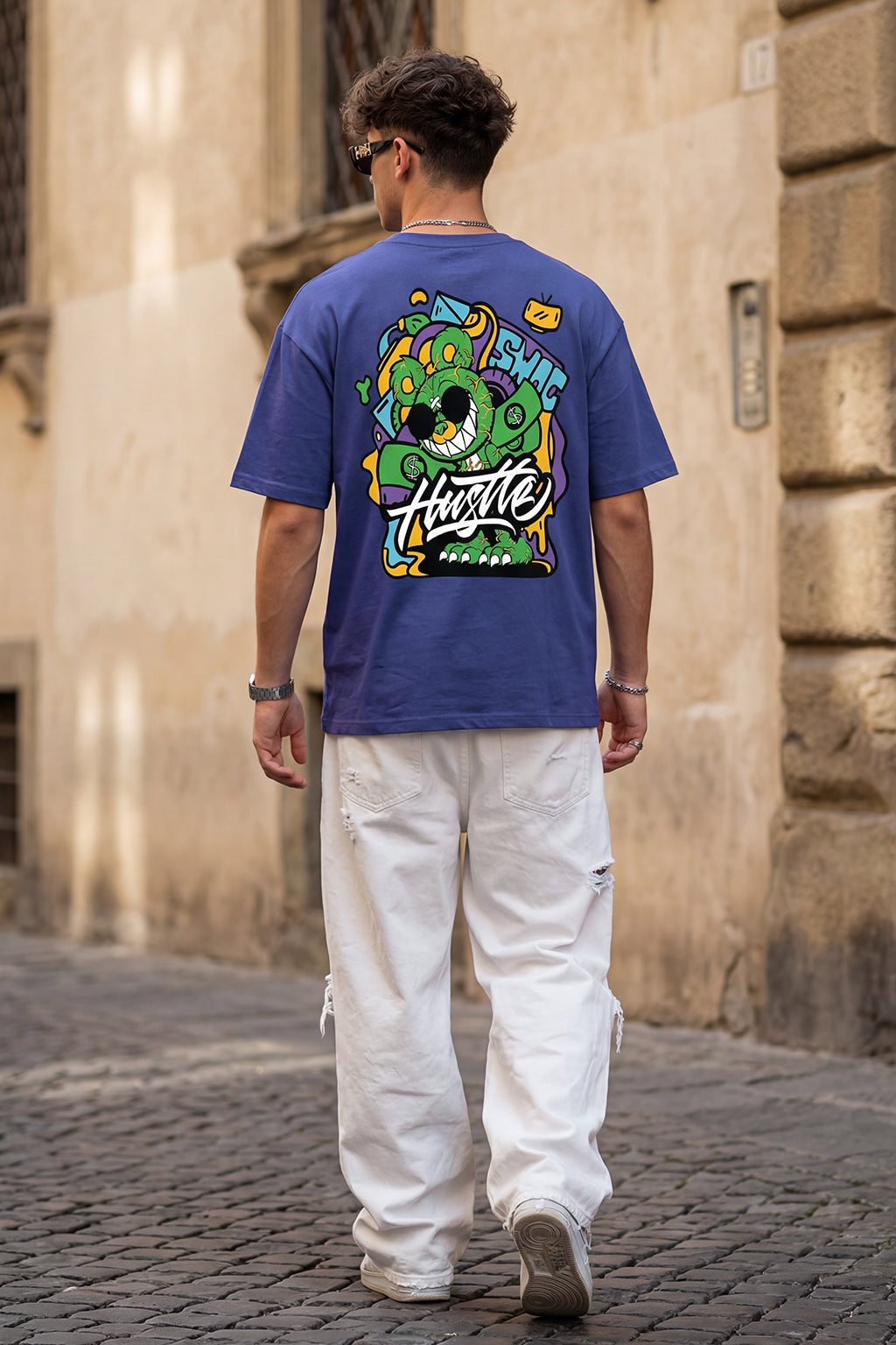 HUSTLE Blue Oversized Graphic Back Printed T-shirt