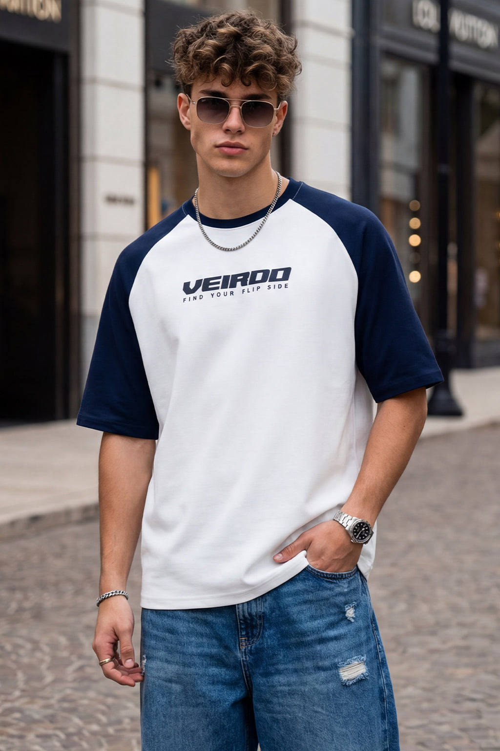 Grey-Navy Raglan Oversized Typography Printed T-shirt