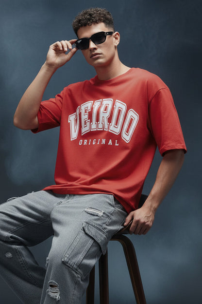 Veirdo Original Red Oversized Typography Brand Printed  T-shirt