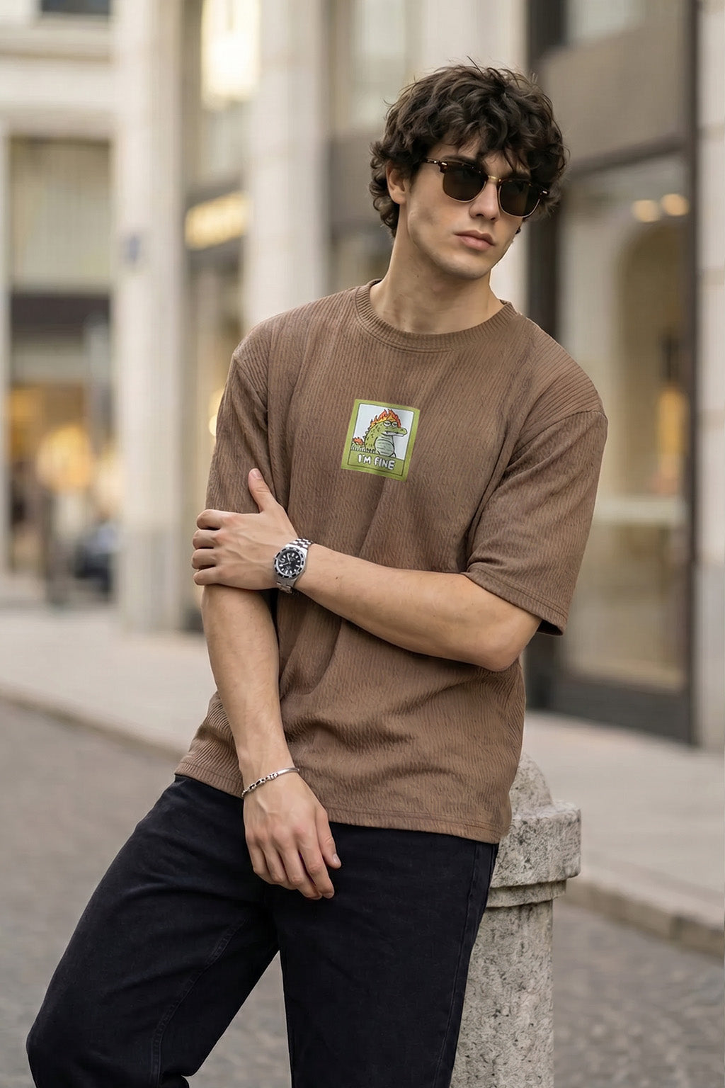 I'm Fine Brown Oversized Textured T-shirt
