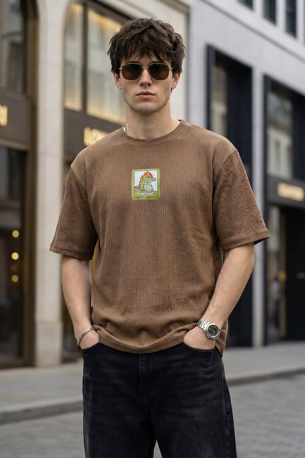 I'm Fine Brown Oversized Textured T-shirt