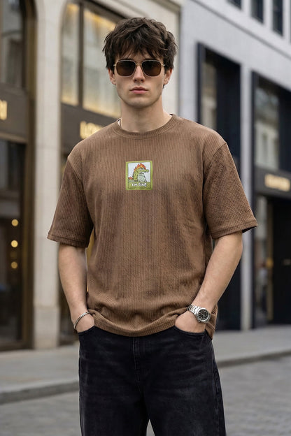 I'm Fine Brown Oversized Textured T-shirt