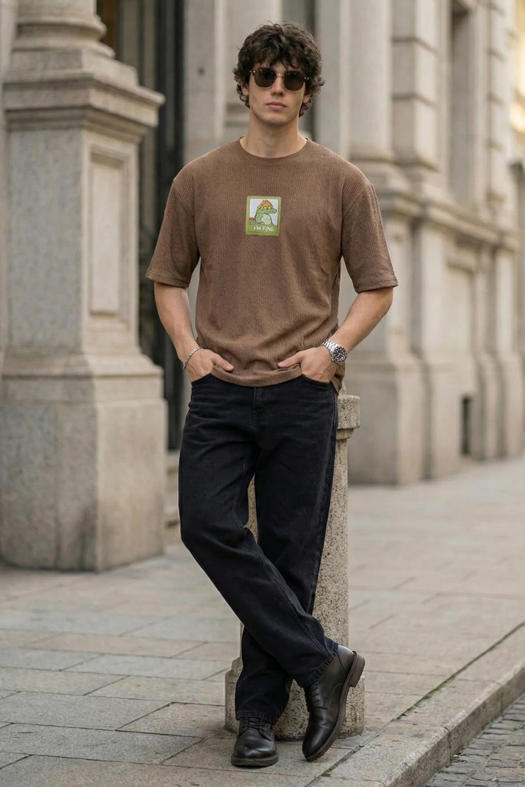 I'm Fine Brown Oversized Textured T-shirt