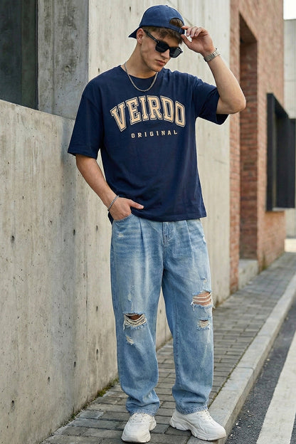 Veirdo Original Navy Oversized Typography Brand Printed T-shirt