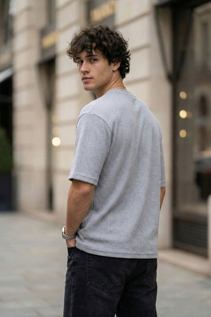 Warning Grey Oversized Textured T-shirt