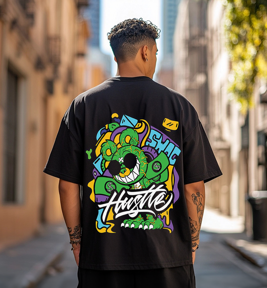 Hustle Black Oversized Back Graphic Printed T-shirt