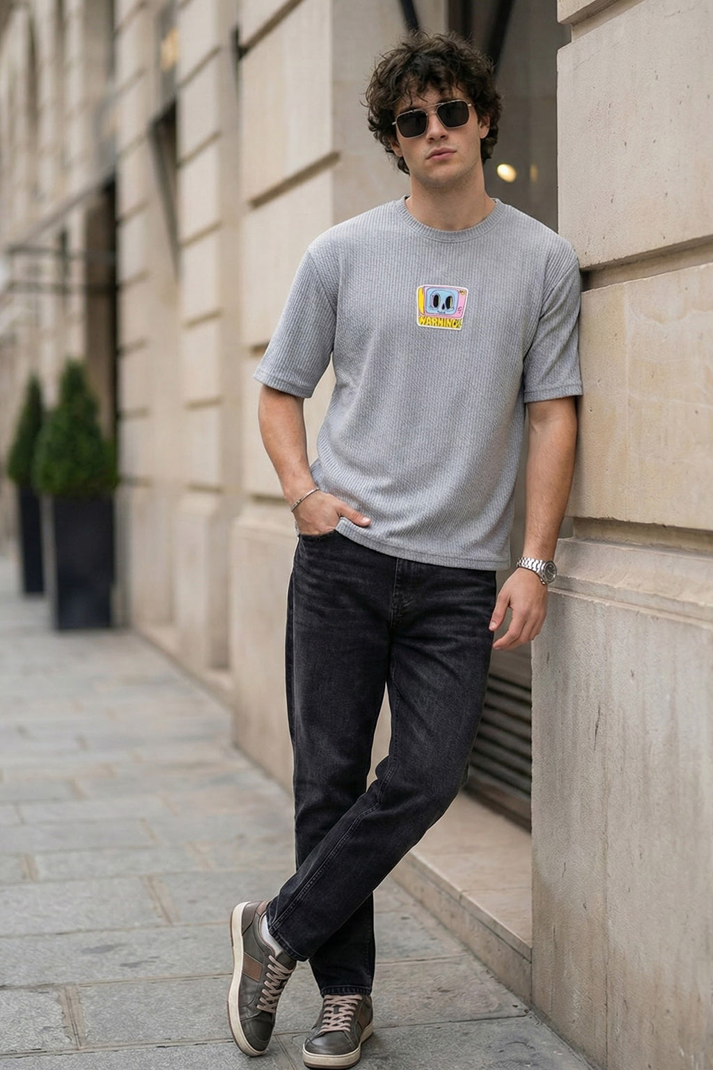 Warning Grey Oversized Textured T-shirt