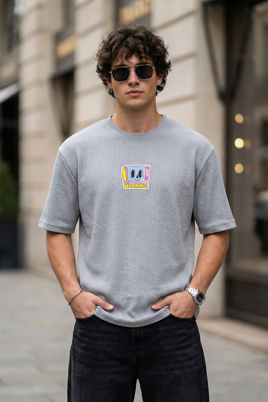 Warning Grey Oversized Textured T-shirt