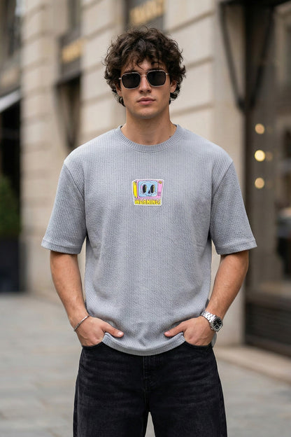 Warning Grey Oversized Textured T-shirt