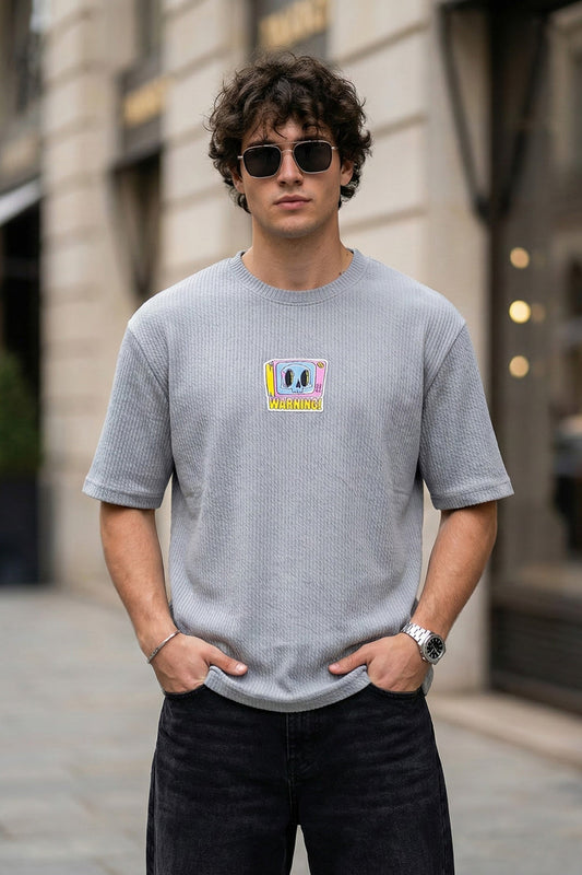 Warning Grey Oversized Textured T-shirt