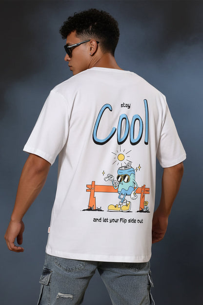 STAY COOL Oversized White Graphic Printed T-shirt