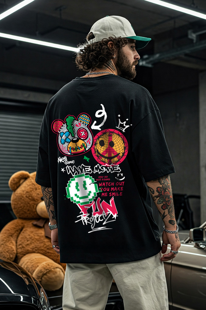 Have More Fun Black Oversized Graphic Printed T-shirt