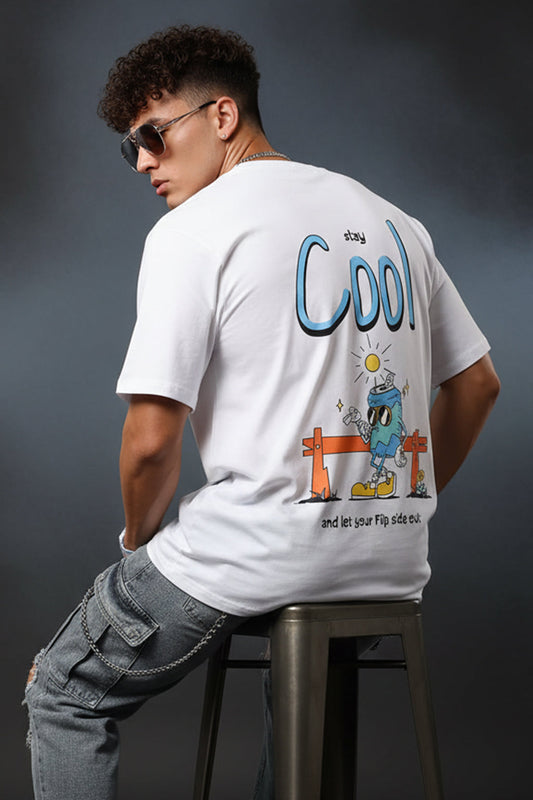 STAY COOL Oversized White Graphic Printed T-shirt