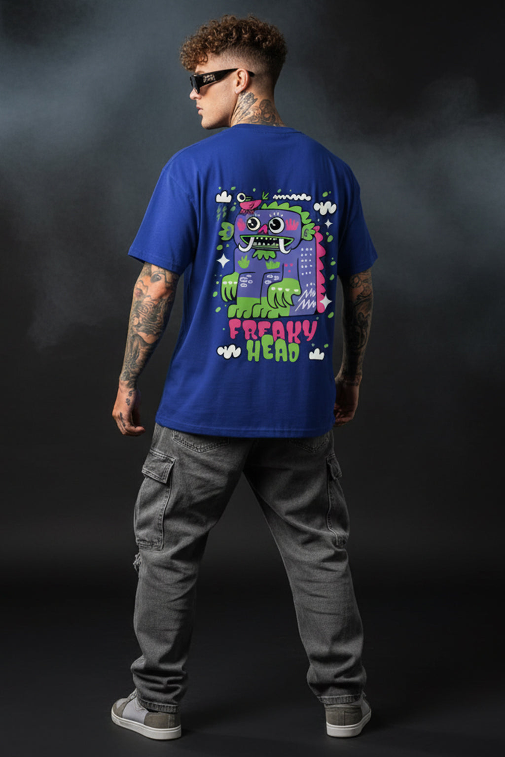 Freaky Head Blue Oversized Back Graphic Printed T-shirt