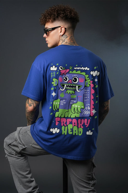 Freaky Head Blue Oversized Back Graphic Printed T-shirt