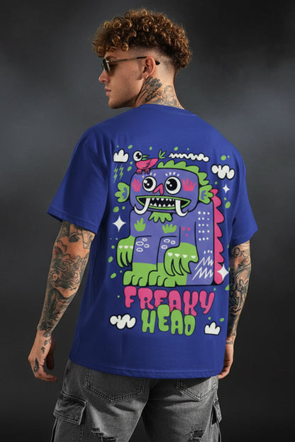 Freaky Head Blue Oversized Back Graphic Printed T-shirt