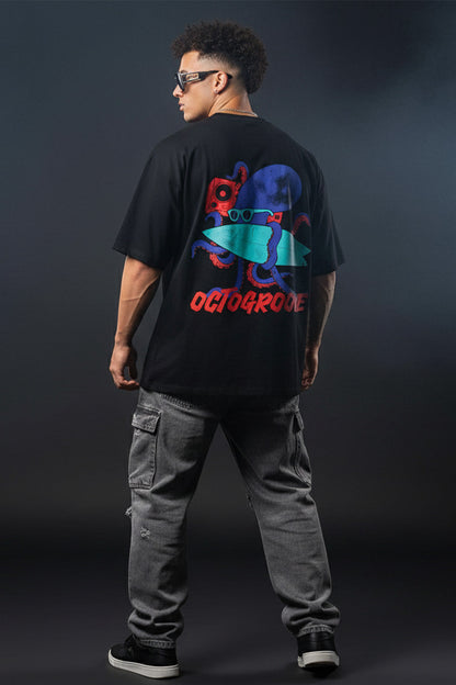 OCTOGROOVE Black Oversized Graphic Back Printed T-shirt