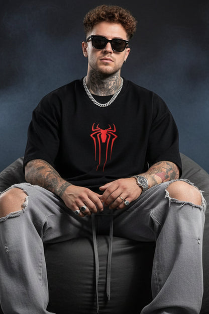 Spiderman Black Oversized Back Typographic Printed T-shirt