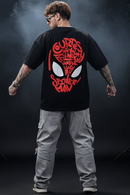 Spiderman Black Oversized Back Typographic Printed T-shirt