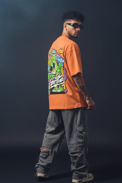 HUSTLE Orange Oversized Back Graphic Printed T-shirt