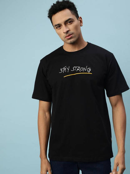 Stay Strong Black Oversized Back Graphic Printed T-shirt