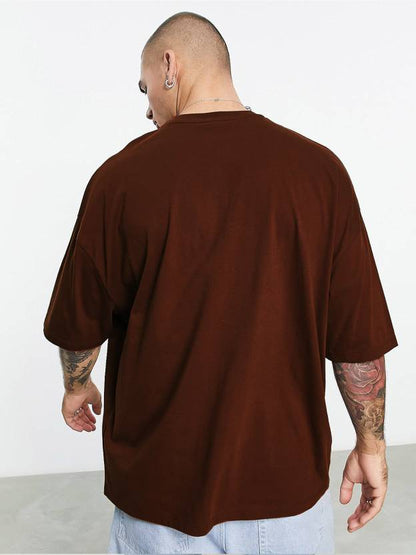 Go Veirdo Brown Oversized Pocket Graphic Printed T-shirt