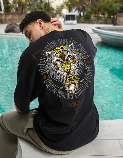 Tiger Black Oversized Back Graphic Printed T-shirt